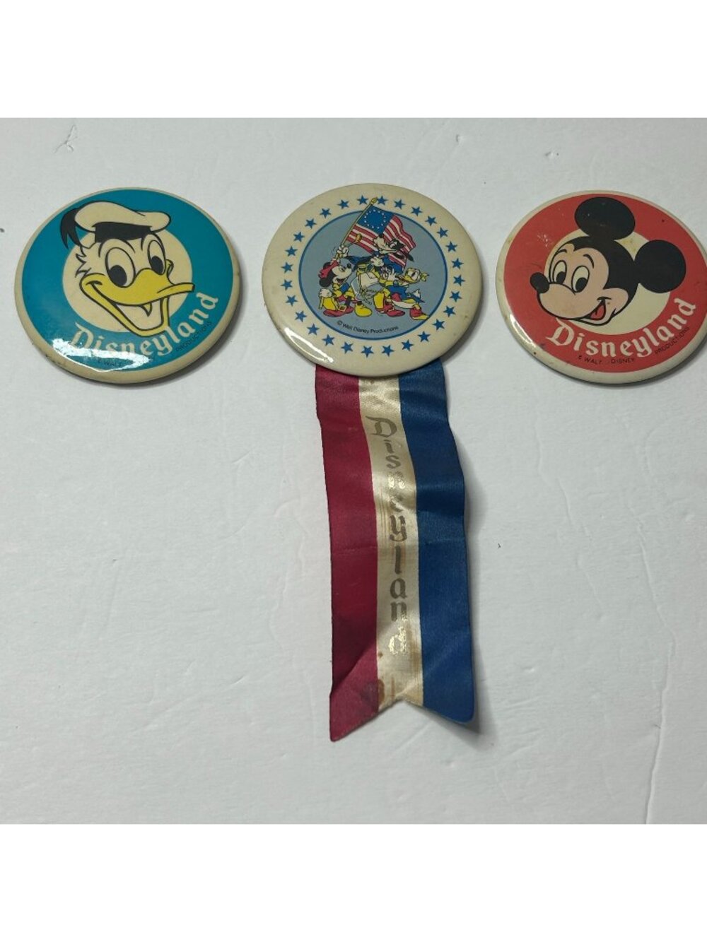 Vintage Disneyland Donald Duck Mickey Mouse Patriotic Buttons Set Metal Pinbacks